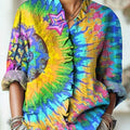 Women's Beautiful Abstract Colorful Radiation Painting Art Print Casual Cotton And Linen Ruffle Shirt