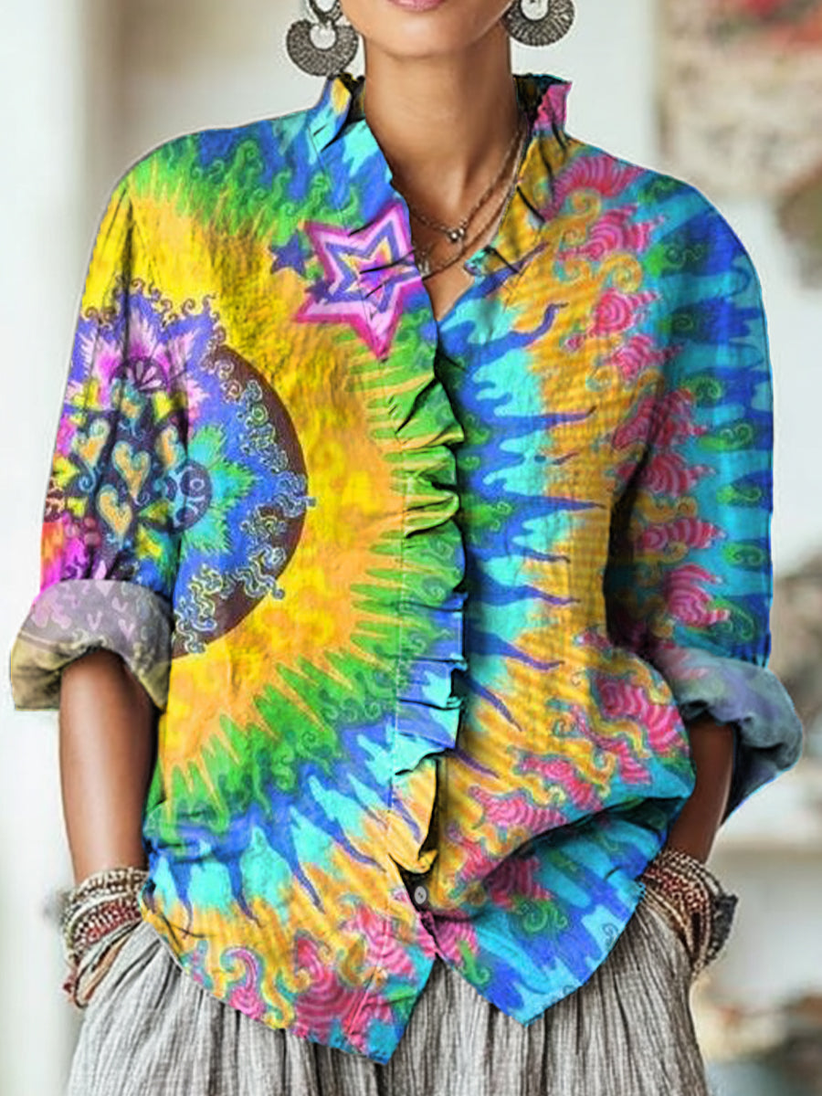 Women's Beautiful Abstract Colorful Radiation Painting Art Print Casual Cotton And Linen Ruffle Shirt