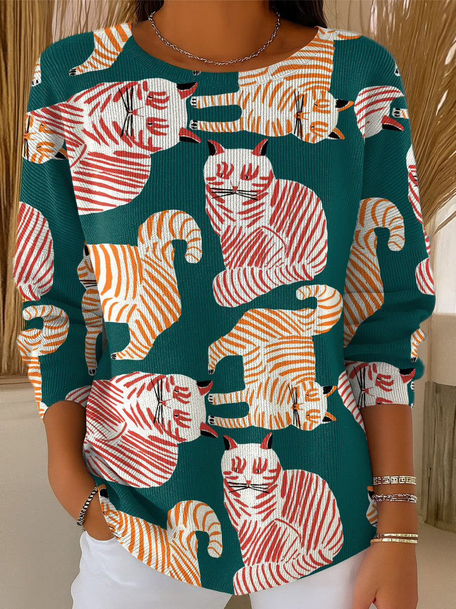 womens-irregular-cats-lines-print-casual-pullover-sweater