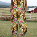 Women's  Funny Highland Cows Flower Art Print Casual 100% Cotton Wide Leg Jumpsuit