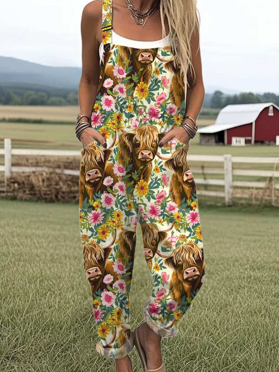 Women's  Funny Highland Cows Flower Art Print Casual 100% Cotton Wide Leg Jumpsuit