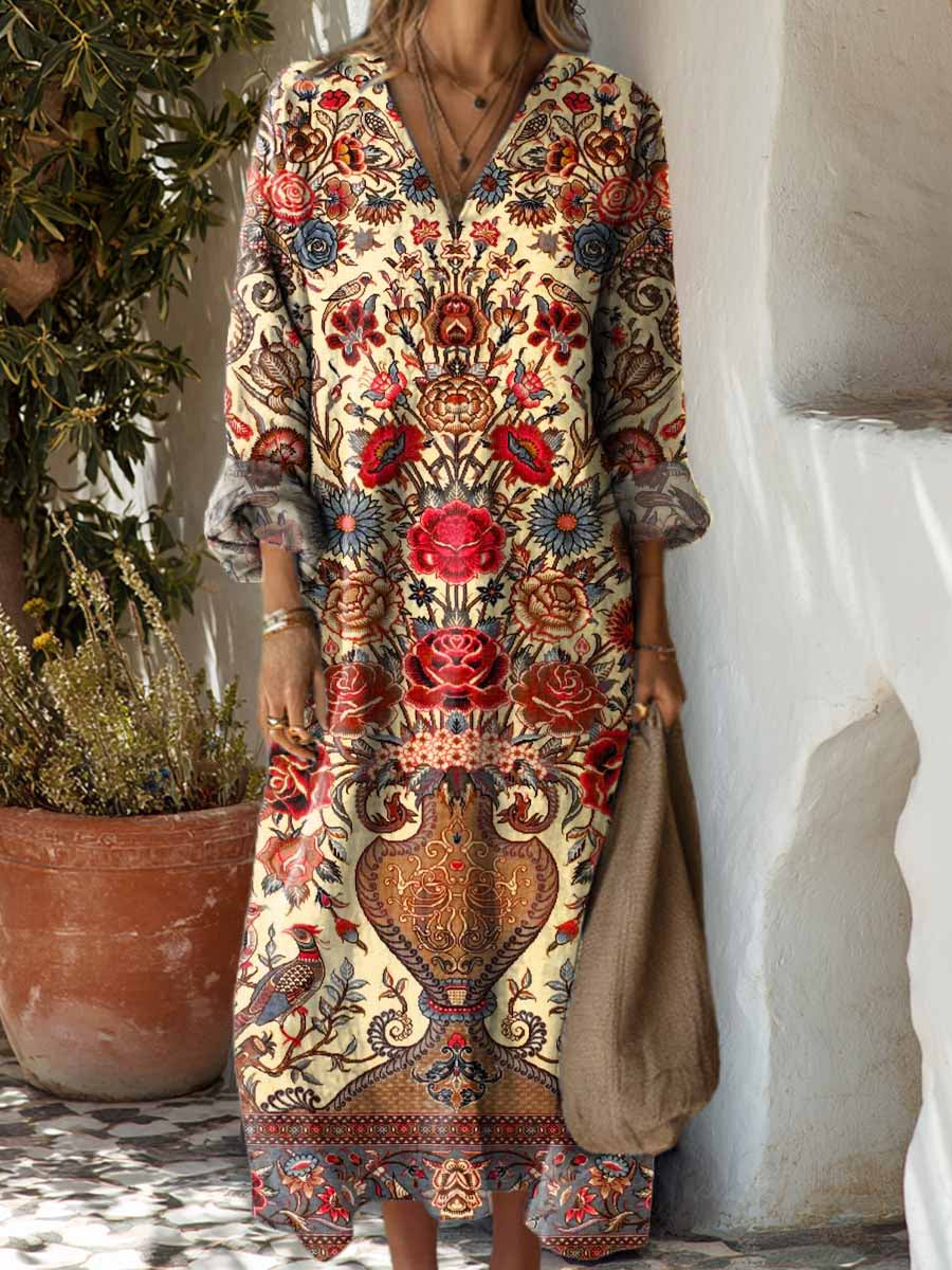 Women's Vintage Floral Pattern Art Print Cotton Dress