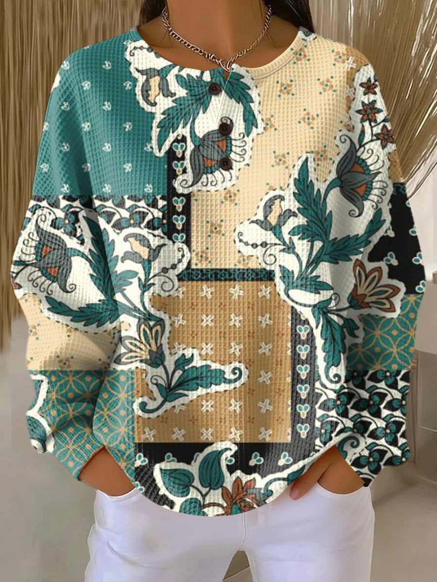 Women's Beautiful Ethnic Floral Check Painting Art Print Casual Cotton Sweatshirt