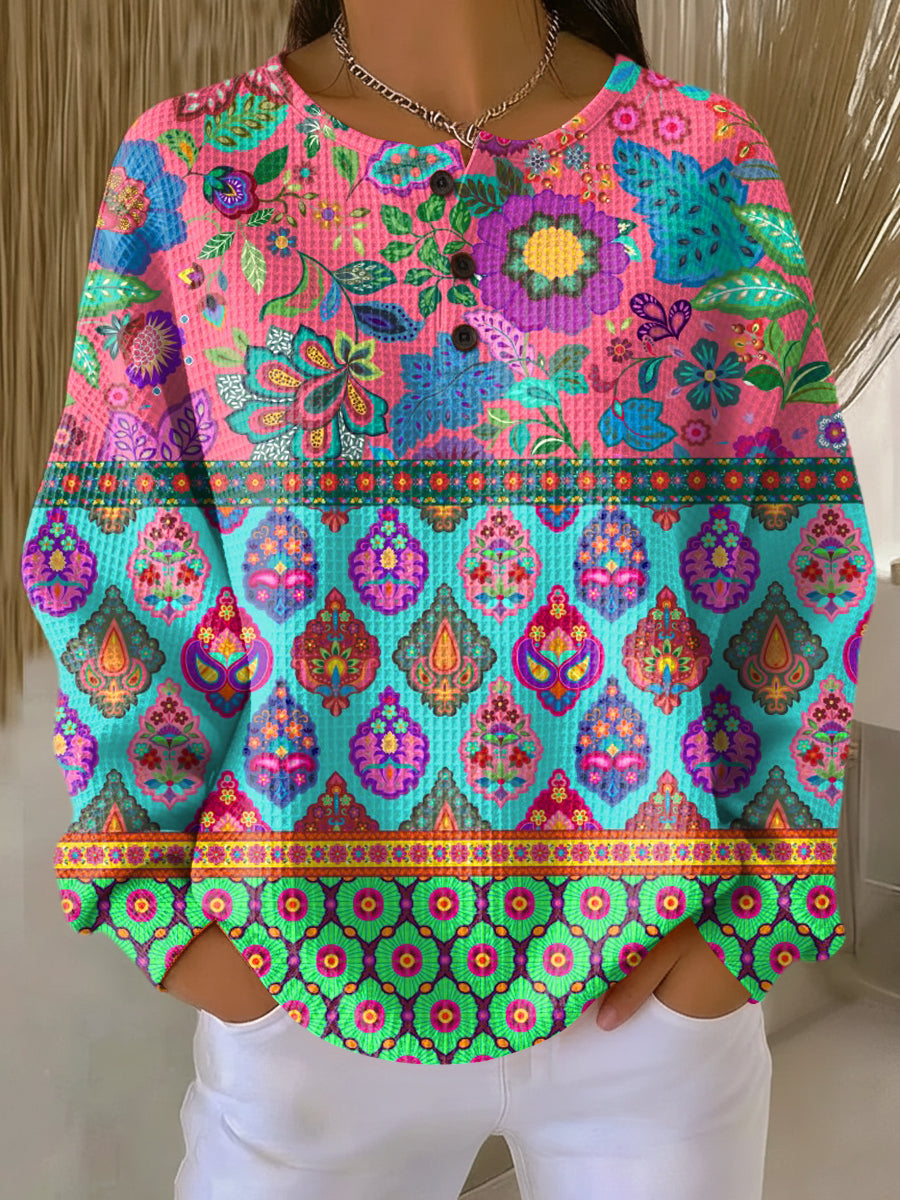 Women's Beautiful Ethnic Floral Stripe Art Print Casual Cotton Shirt