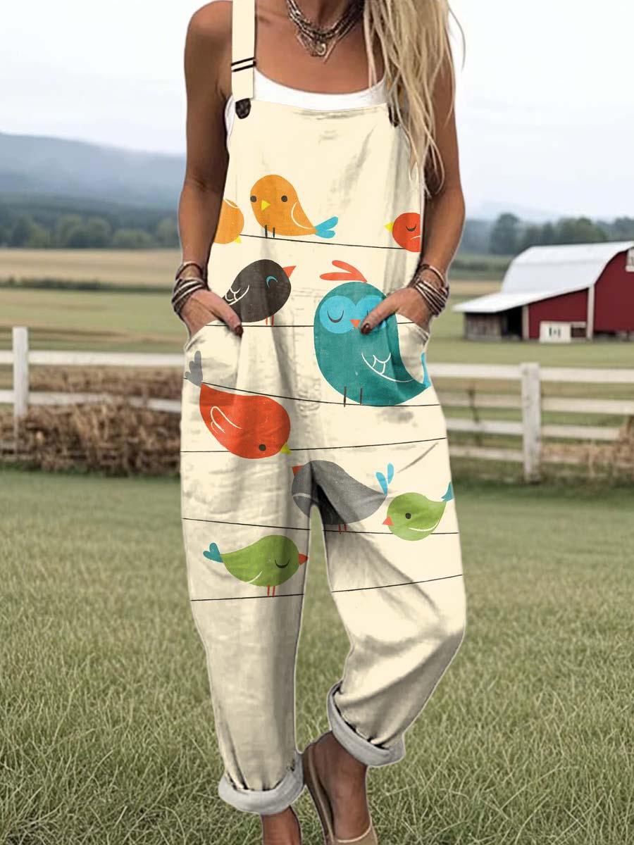 Women's Cartoon Art Bird Print Casual 100% Cotton Wide Leg Jumpsuit