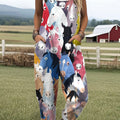 Women's  Funny  Farm Horse Art Print Casual 100% Cotton Wide Leg Jumpsuit
