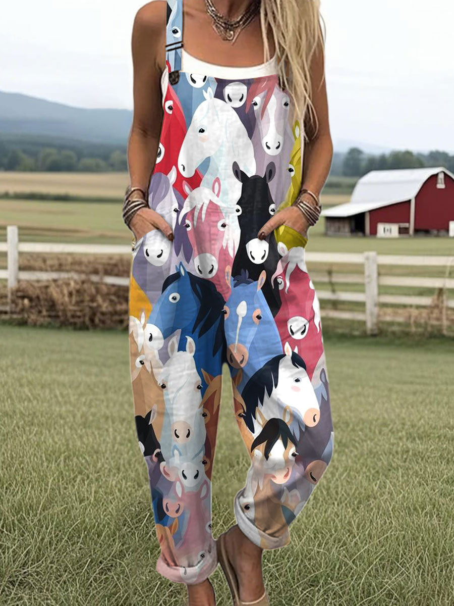 Women's  Funny  Farm Horse Art Print Casual 100% Cotton Wide Leg Jumpsuit