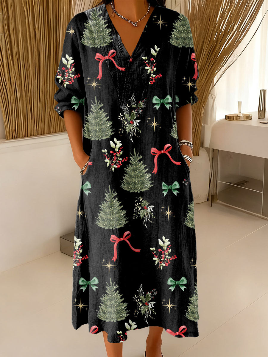 Women's Vintage Christmas Tree Bow Art Print Dress