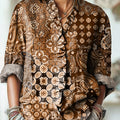 Women's Vintage Ethnic Paisley Geometric Drawing Art Print Casual Cotton And Linen Ruffle Shirt
