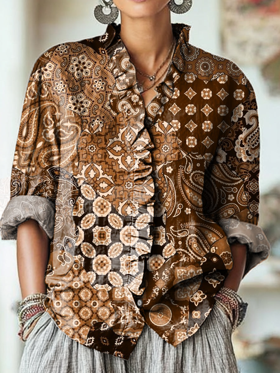 Women's Vintage Ethnic Paisley Geometric Drawing Art Print Casual Cotton And Linen Ruffle Shirt