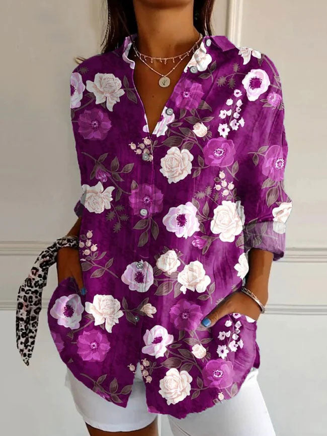 Women's  Floral Art Print Casual Cotton Shirt
