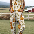 Women's Lovely Rabbits Art Print Casual 100% Cotton Wide Leg Jumpsuit