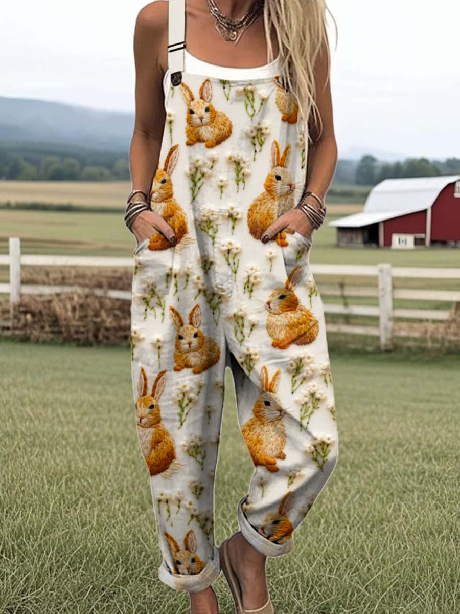 Women's Lovely Rabbits Art Print Casual 100% Cotton Wide Leg Jumpsuit