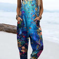 Women's Lovely Underwater World Pattern Art Print Casual 100% Cotton Wide Leg Jumpsuit
