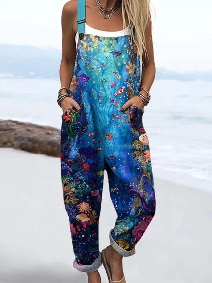 Women's Lovely Underwater World Pattern Art Print Casual 100% Cotton Wide Leg Jumpsuit
