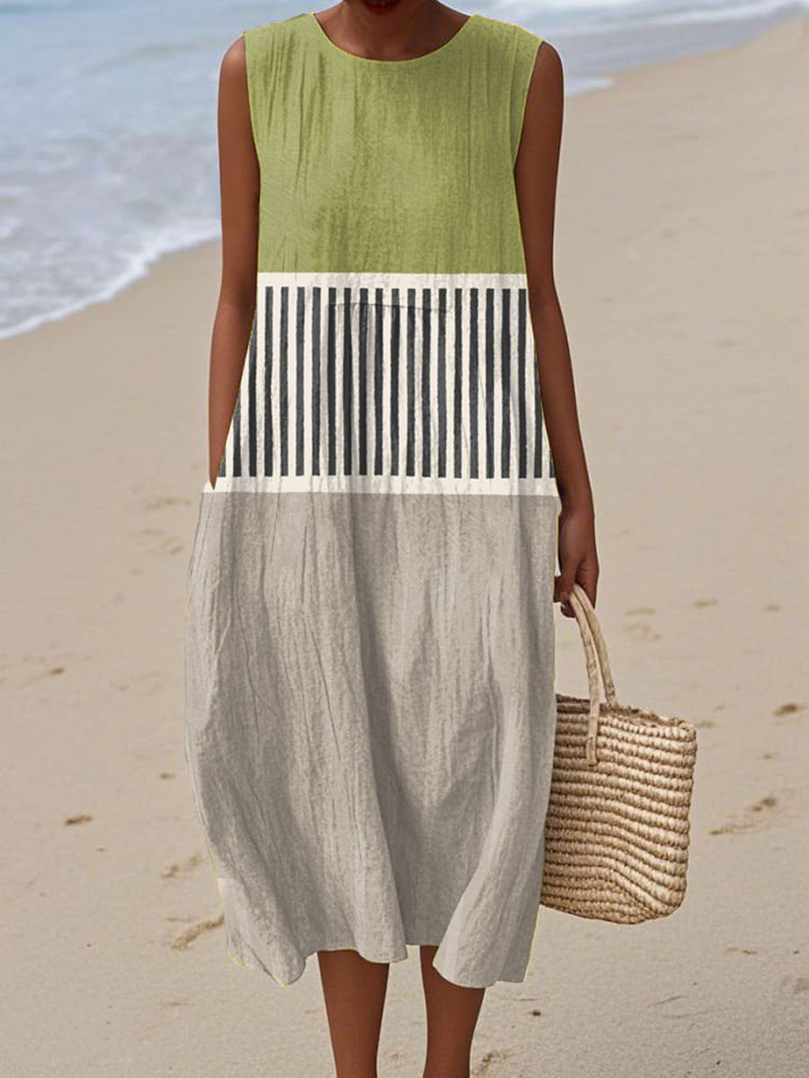 Women's Vintage Abstract Geometric Art Print Sleeveless Cotton Pocket Wrap Dress