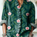 Women's Ethnic Floral Leaf Pattern Art Print Casual Cotton And Linen Ruffle Shirt