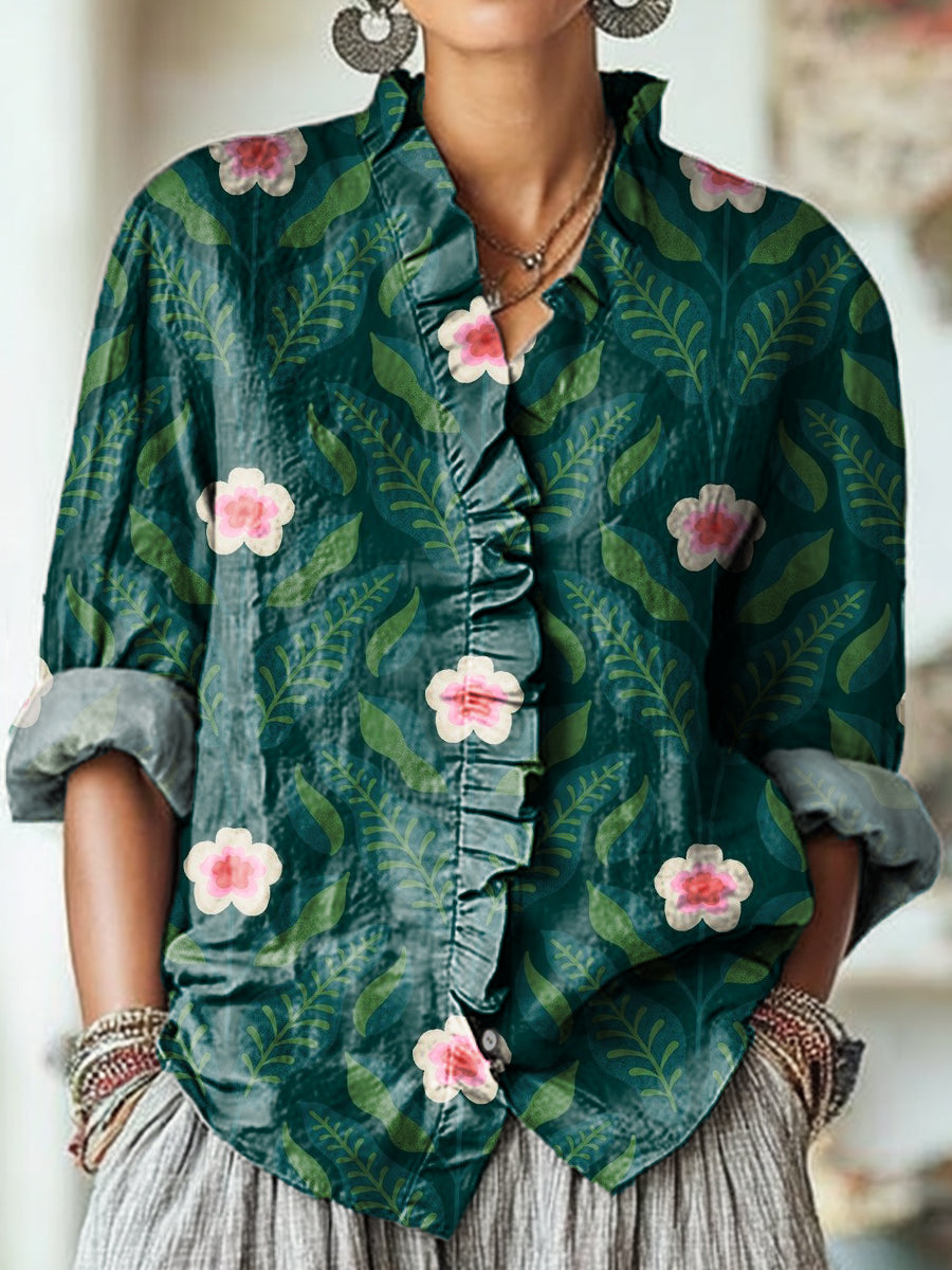 Women's Ethnic Floral Leaf Pattern Art Print Casual Cotton And Linen Ruffle Shirt