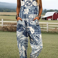 Damen-Jumpsuit mit Vintage-Blumenmuster, lässig, aus 100 % Baumwolle, weites Bein 