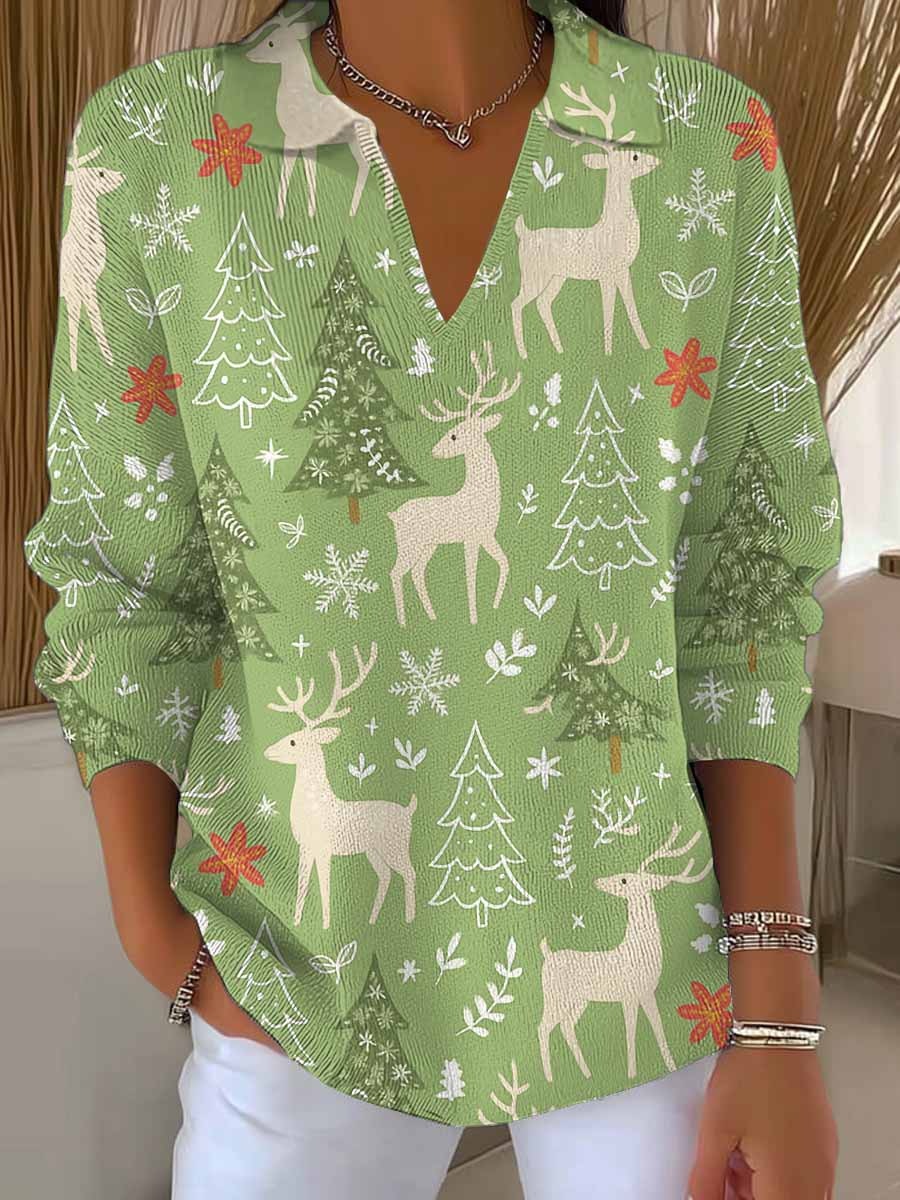 Women's Christmas Print Lapel Long Sleeve Casual Loose Pullover Sweater