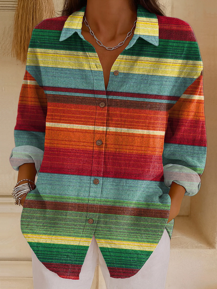 Women's Vintage Colorful Stripe Painting Art Print Casual Cotton Shirt