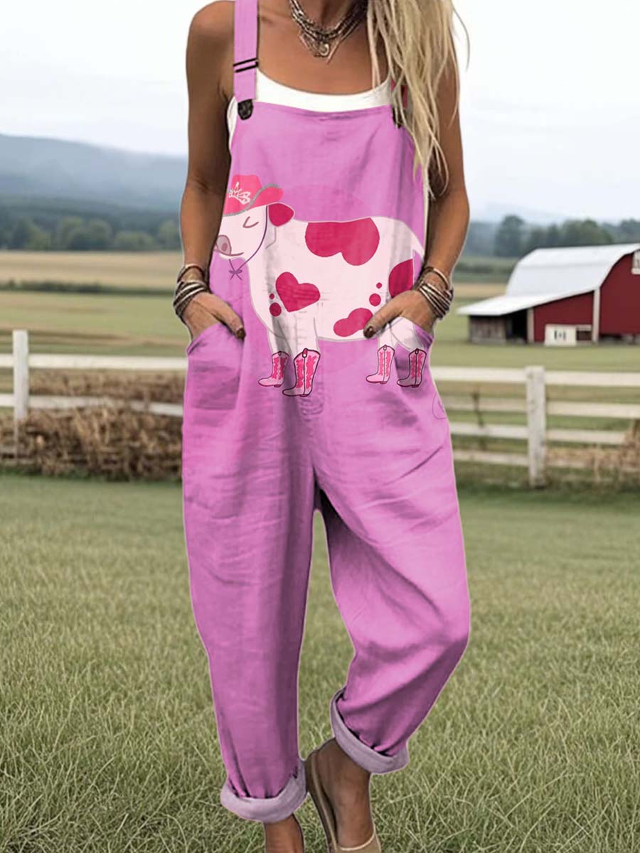 Women's Lovely Cow Art Print Casual 100% Cotton Wide Leg Jumpsuit