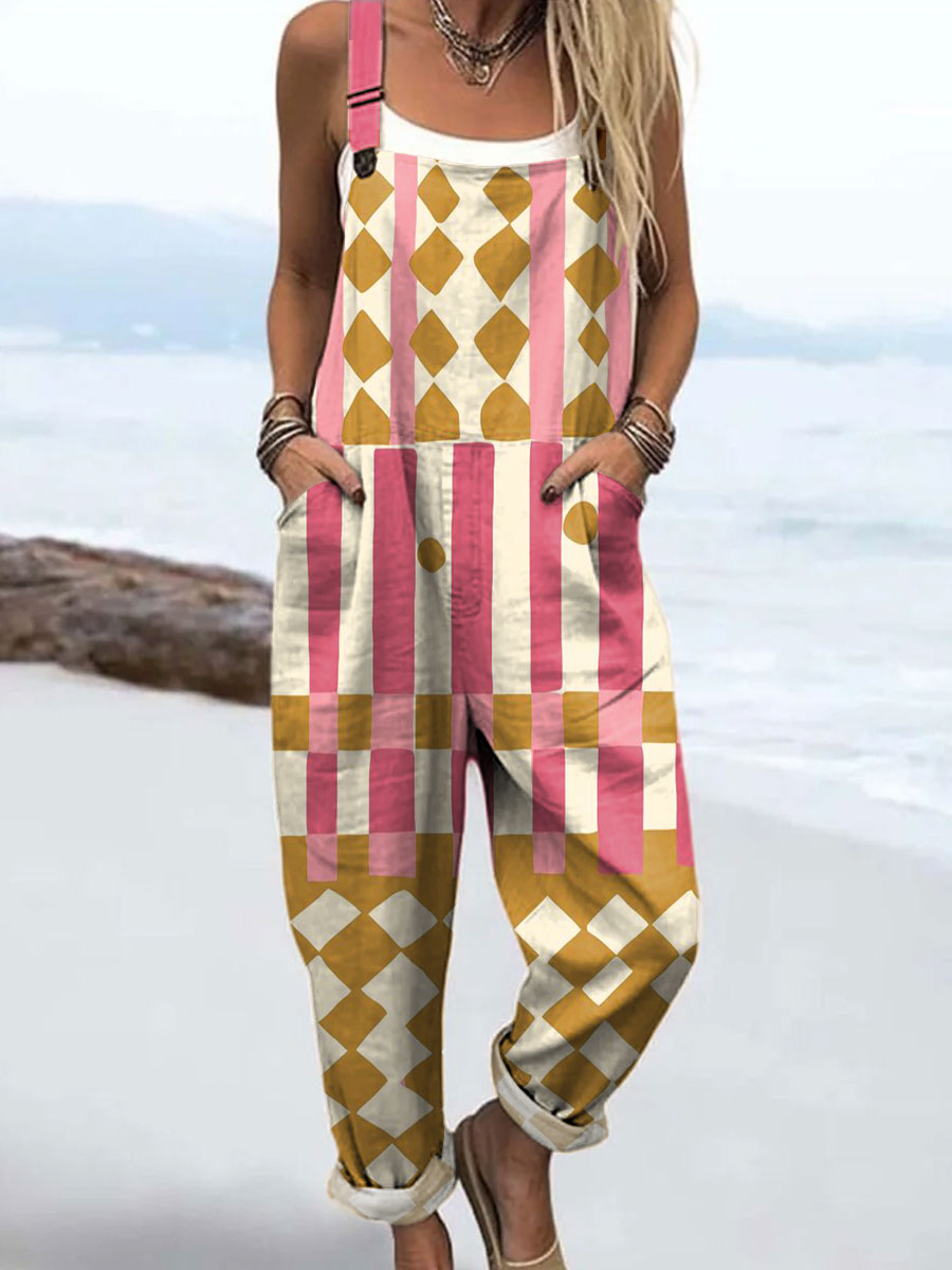 Women's Colorful Abstract Rectangle Block Art Print Casual 100% Cotton Wide Leg Jumpsuit