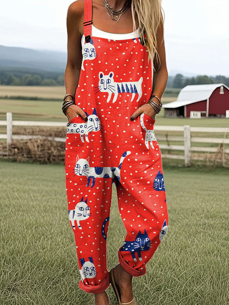 Women's Playful Abstract Kitten Art Print Casual 100% Cotton Wide Leg Jumpsuit