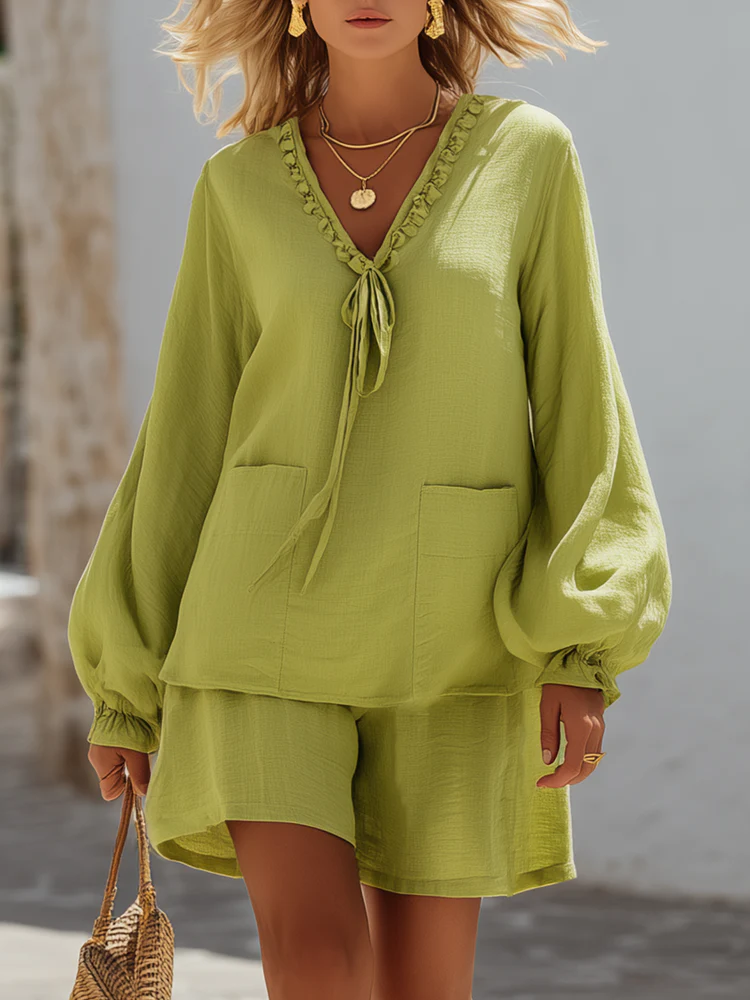 Elegant Tie-front Shirt & Shorts Cotton-linen Two-piece Set