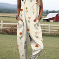 Women's Artistic Flower Mushroom Print Casual 100% Cotton Wide Leg Jumpsuit