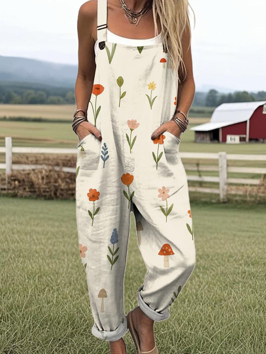 Women's Artistic Flower Mushroom Print Casual 100% Cotton Wide Leg Jumpsuit