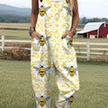 Women's Vintage Symmetrical Flowers Bees  Art Print Casual 100% Cotton Wide Leg Jumpsuit