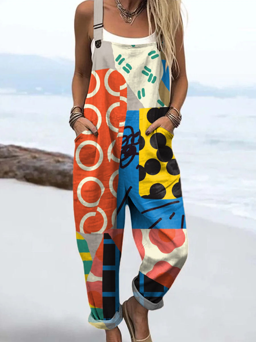 Women's Abstract Geometric Pattern Art Print Casual 100% Cotton Wide Leg Jumpsuit