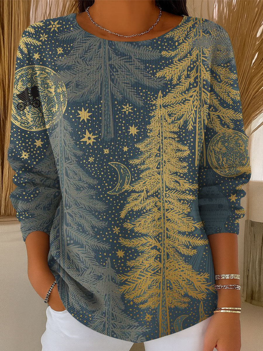 Women's Retro Style Christmas Tree Art Print Casual Pullover Sweater