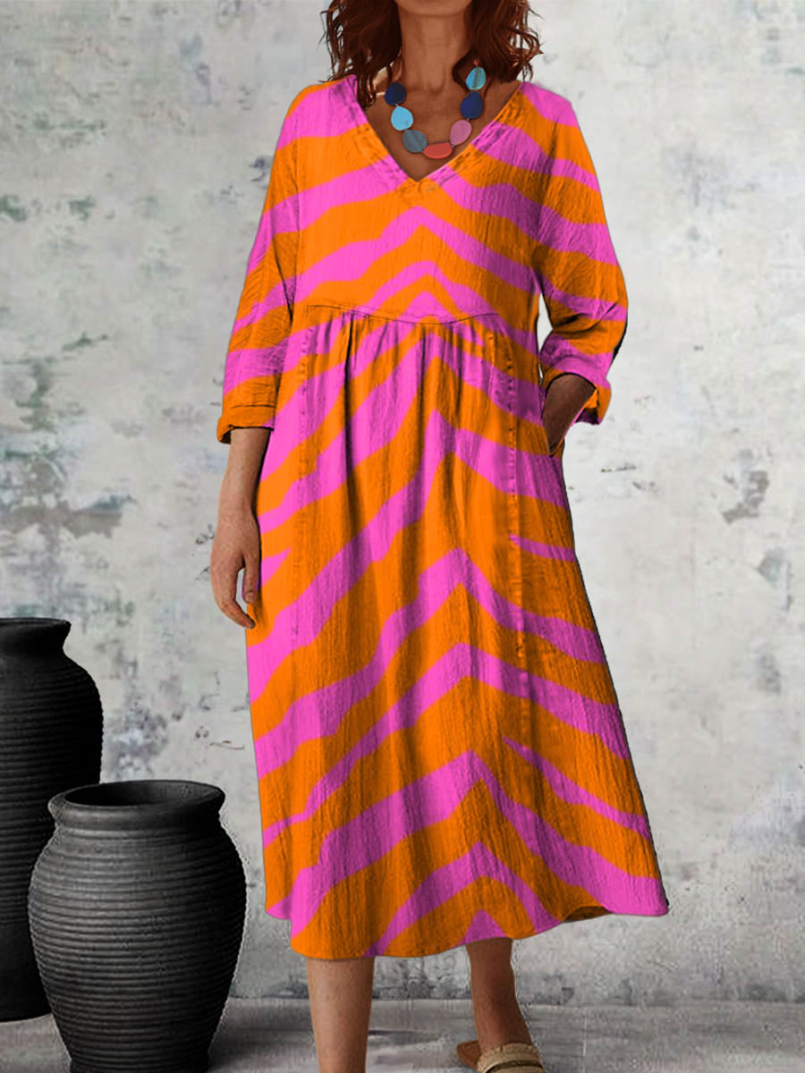 Women's Abstract Pattern Art Print Long Sleeve Cotton Pocket Dress