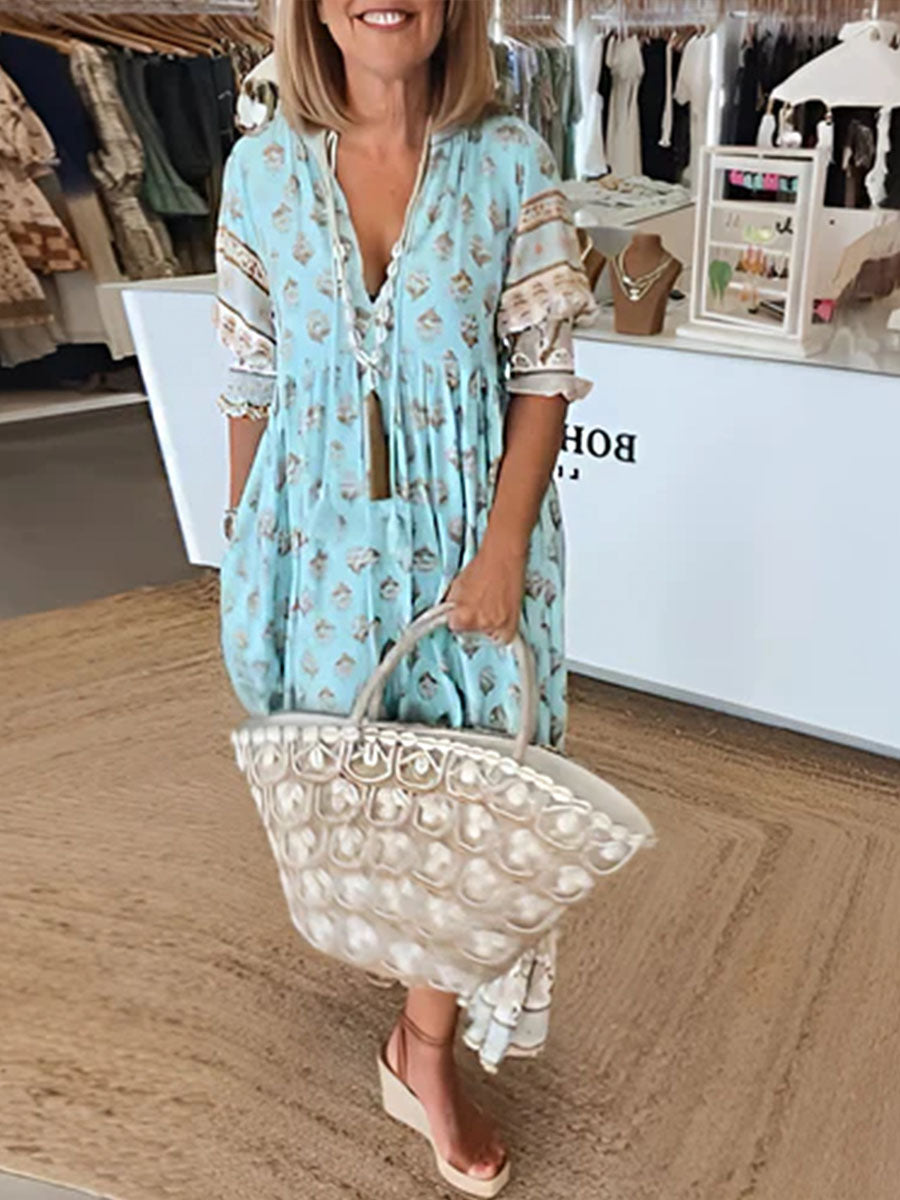 Women's Bohemian Print V-Neck Short Sleeve Casual Loose A-Line Dress