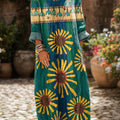 Robe vintage pour femme à rayures géométriques et imprimé floral tournesol.