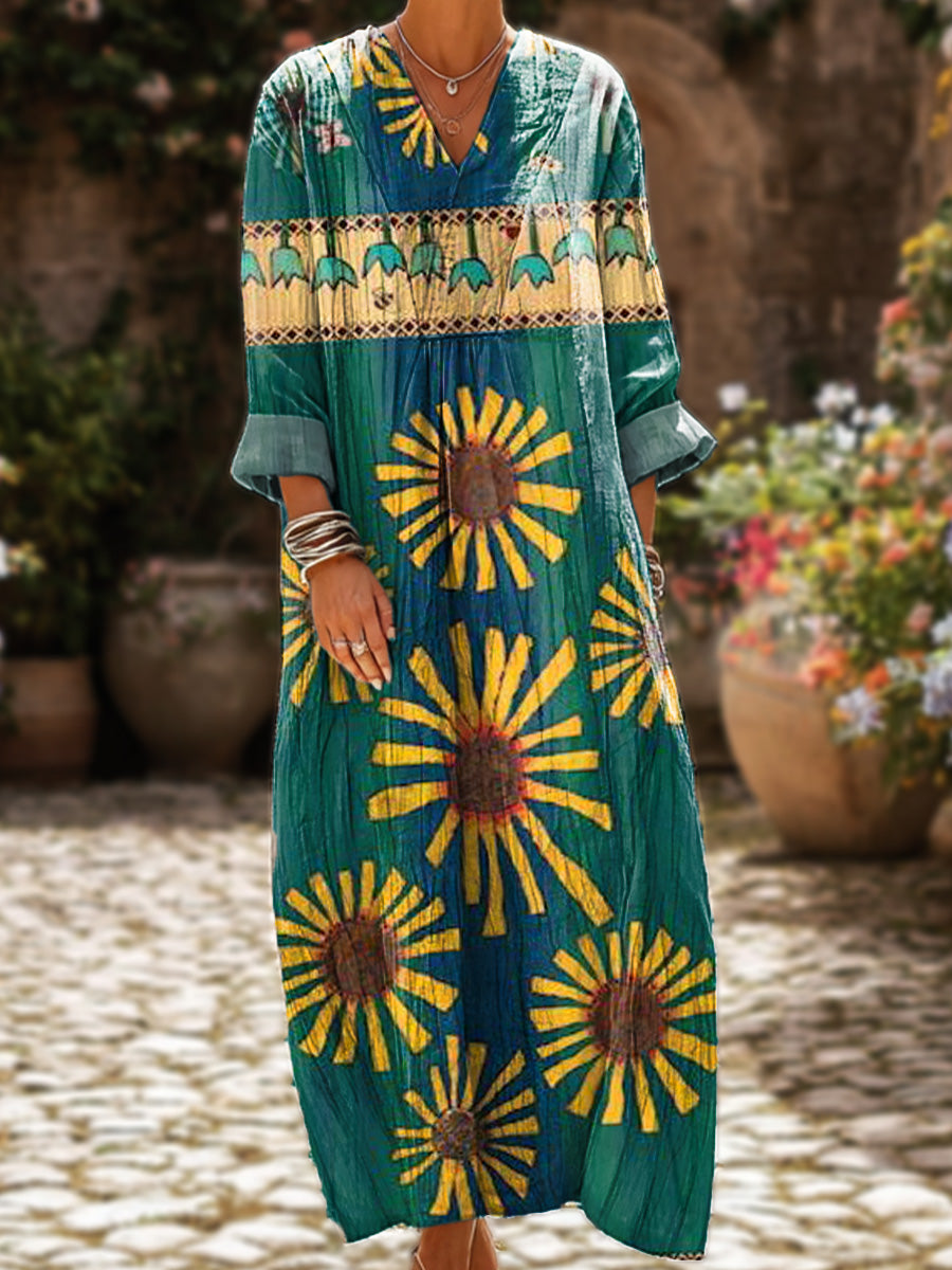 Women's Vintage Geometric Stripes Sunflower Floral Painting Art Print Dress