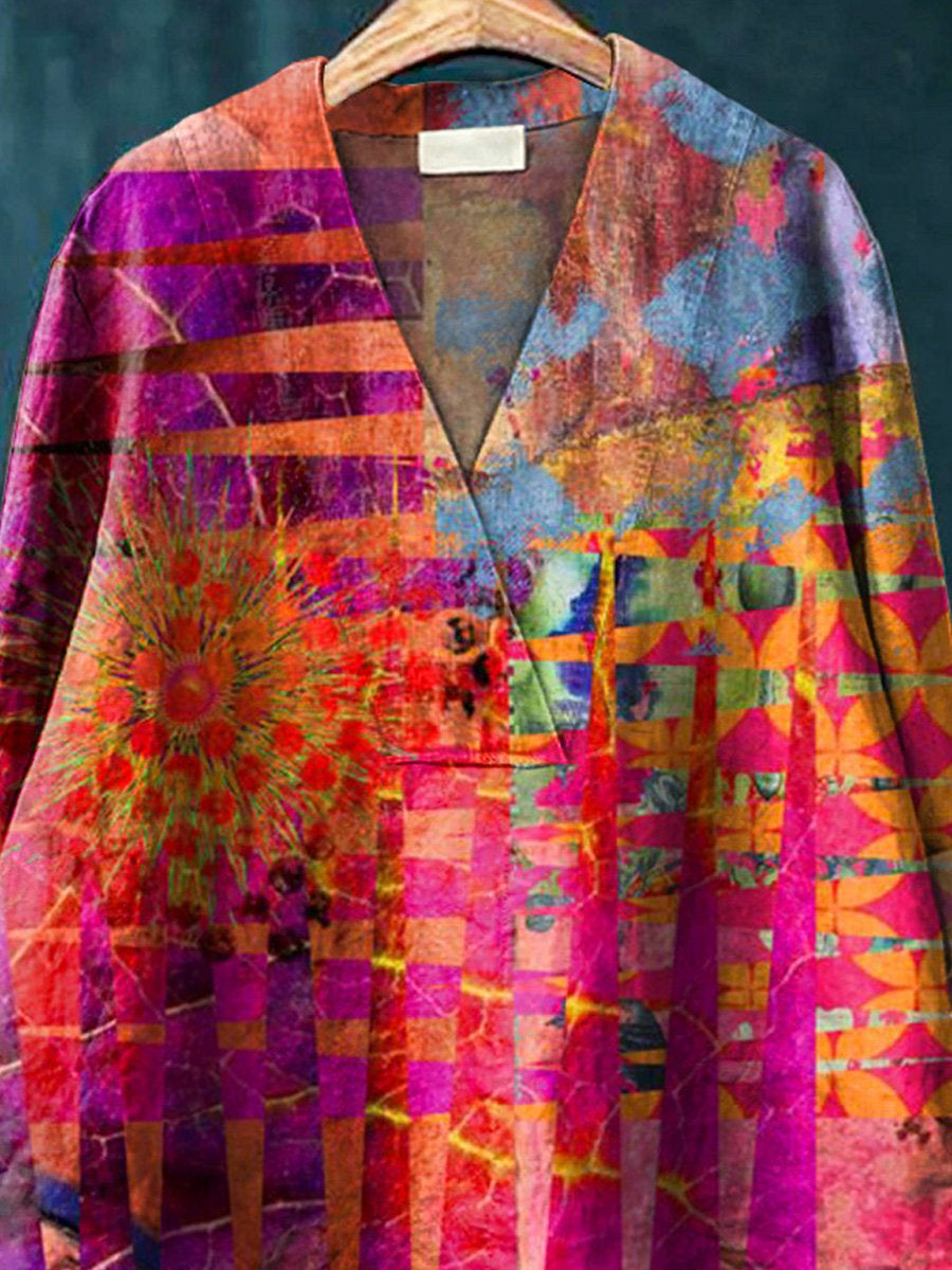 Colorful Geometric Pattern Printed Women's Casual Cotton And Linen V-neck Shirt