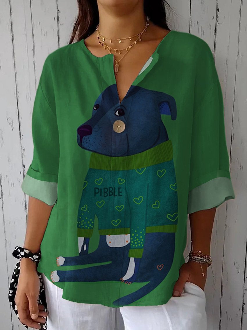Women's Dog Art Print  Casual Cotton Linen Shirt