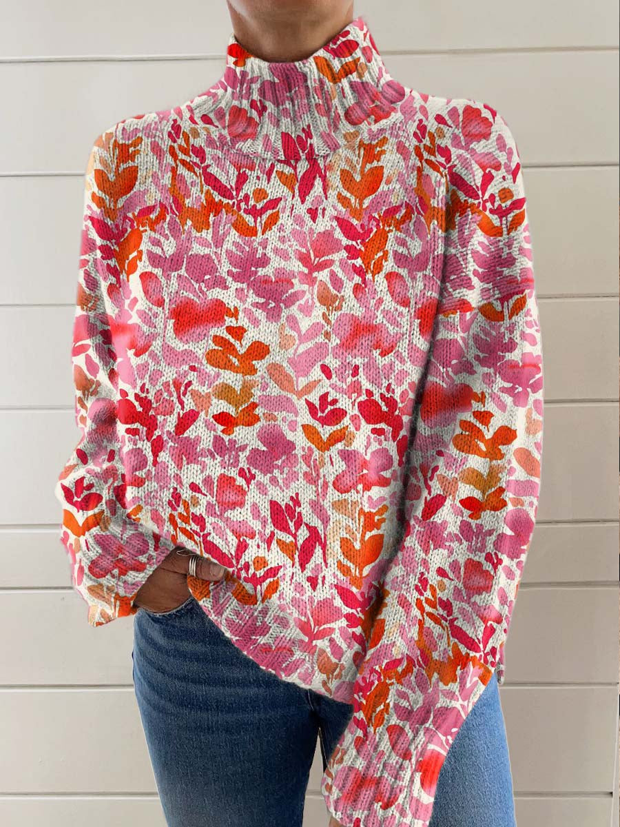 womens-red-art-abstract-leaf-print-knit-turtleneck-pullover-sweater