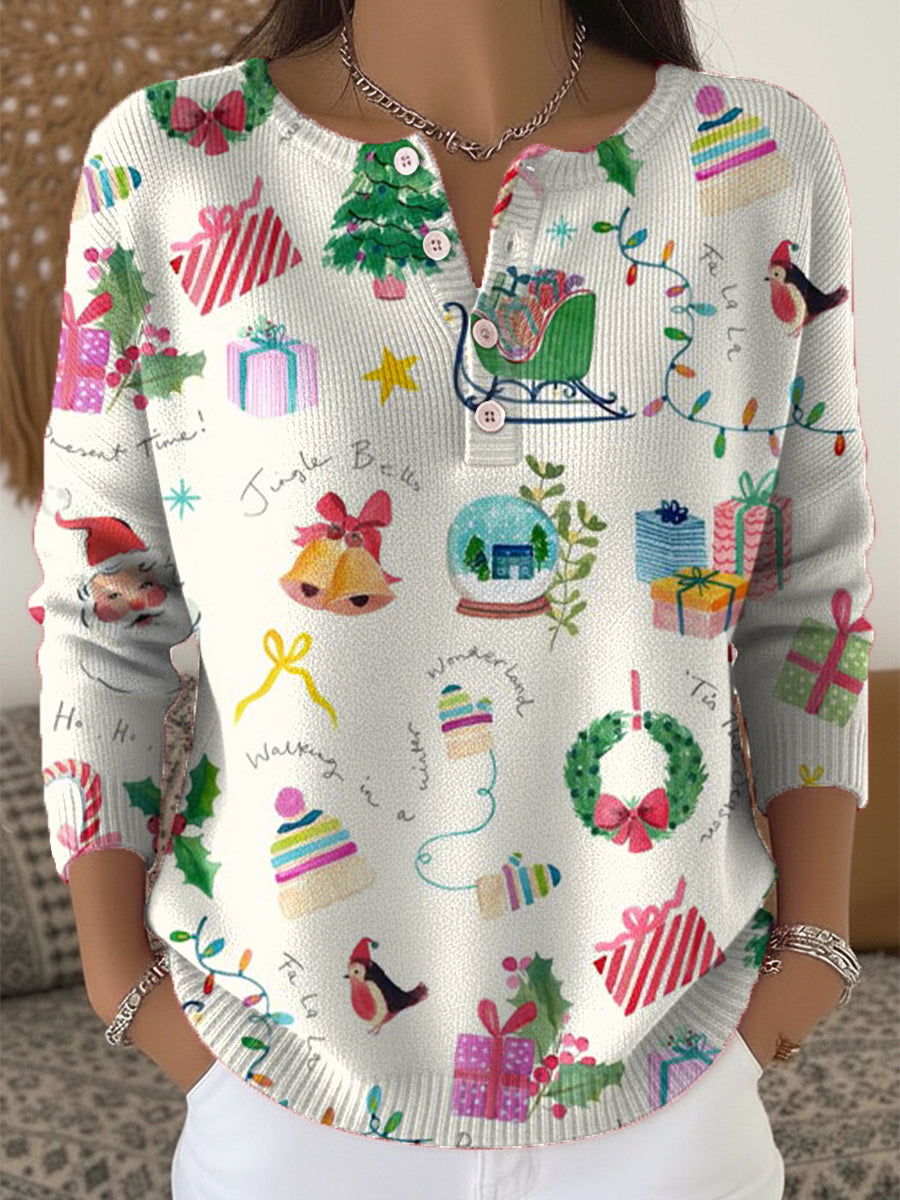 Cute Winter Christmas Gift Drawing Art Print Buttoned Cardigan Sweater
