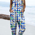 Women's Plaid and Floral Art Print Casual 100% Cotton Wide Leg Jumpsuit