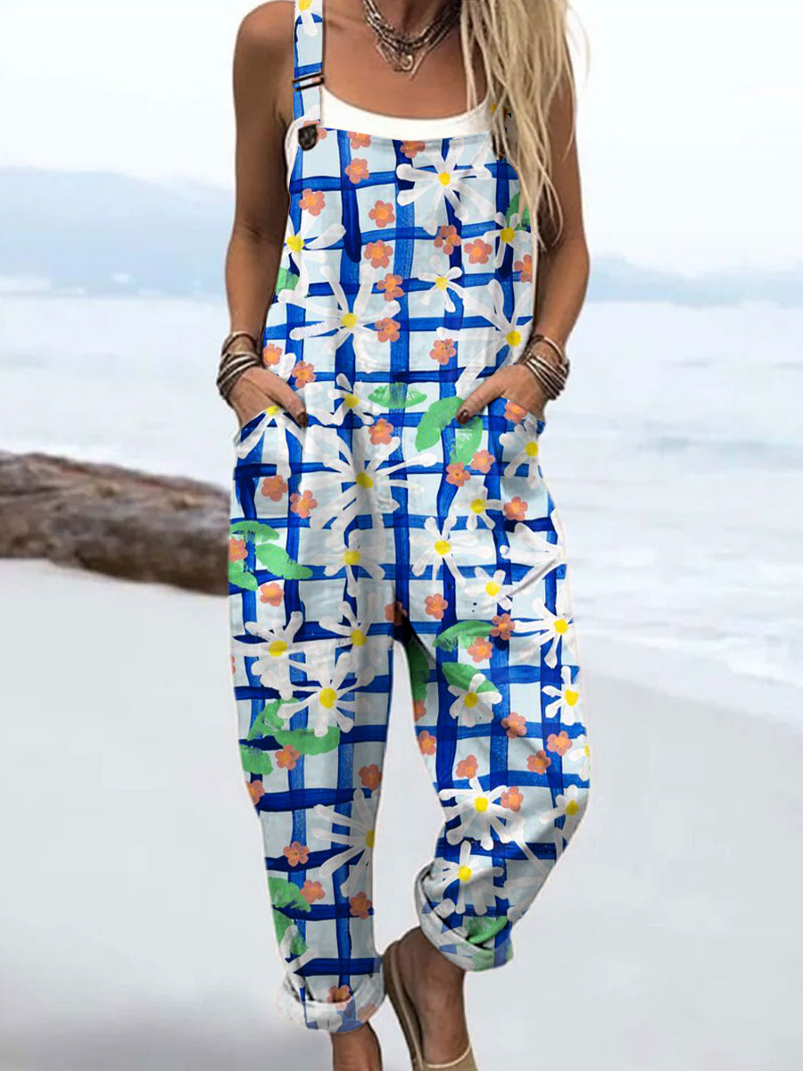 Women's Plaid and Floral Art Print Casual 100% Cotton Wide Leg Jumpsuit