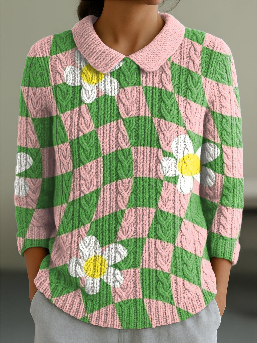 womens-abstract-colorful-geometric-checkered-floral-painting-art-print-casual-peter-pan-collar-3-4-sleeve-sweater