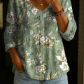Women's Flower Art Print Linen Cotton Shirt