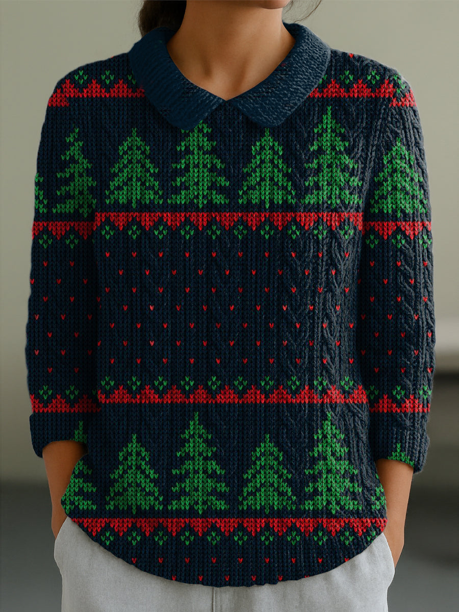 Women's Christmas Tree Polka Dots Print Casual Peter Pan Collar 3/4 Sleeve Sweater