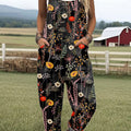 Women's  Vintage Flower Art Print Casual 100% Cotton Wide Leg Jumpsuit