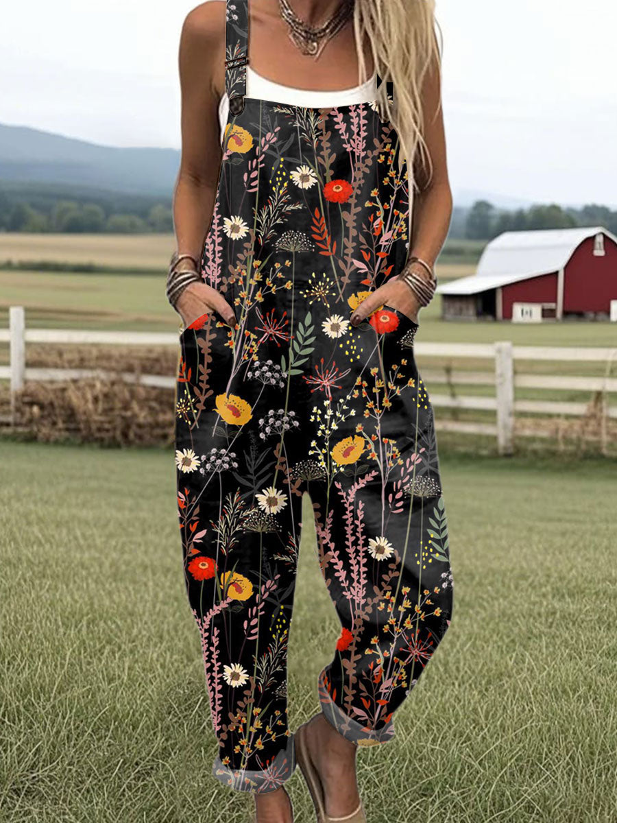 Women's  Vintage Flower Art Print Casual 100% Cotton Wide Leg Jumpsuit