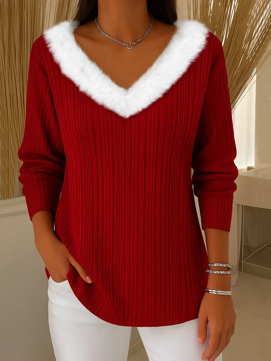 Women's Solid Color V-Neck Long Sleeve Knit Top